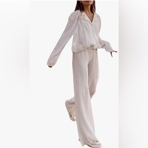 Women 2 Piece white ribbed lounge Set